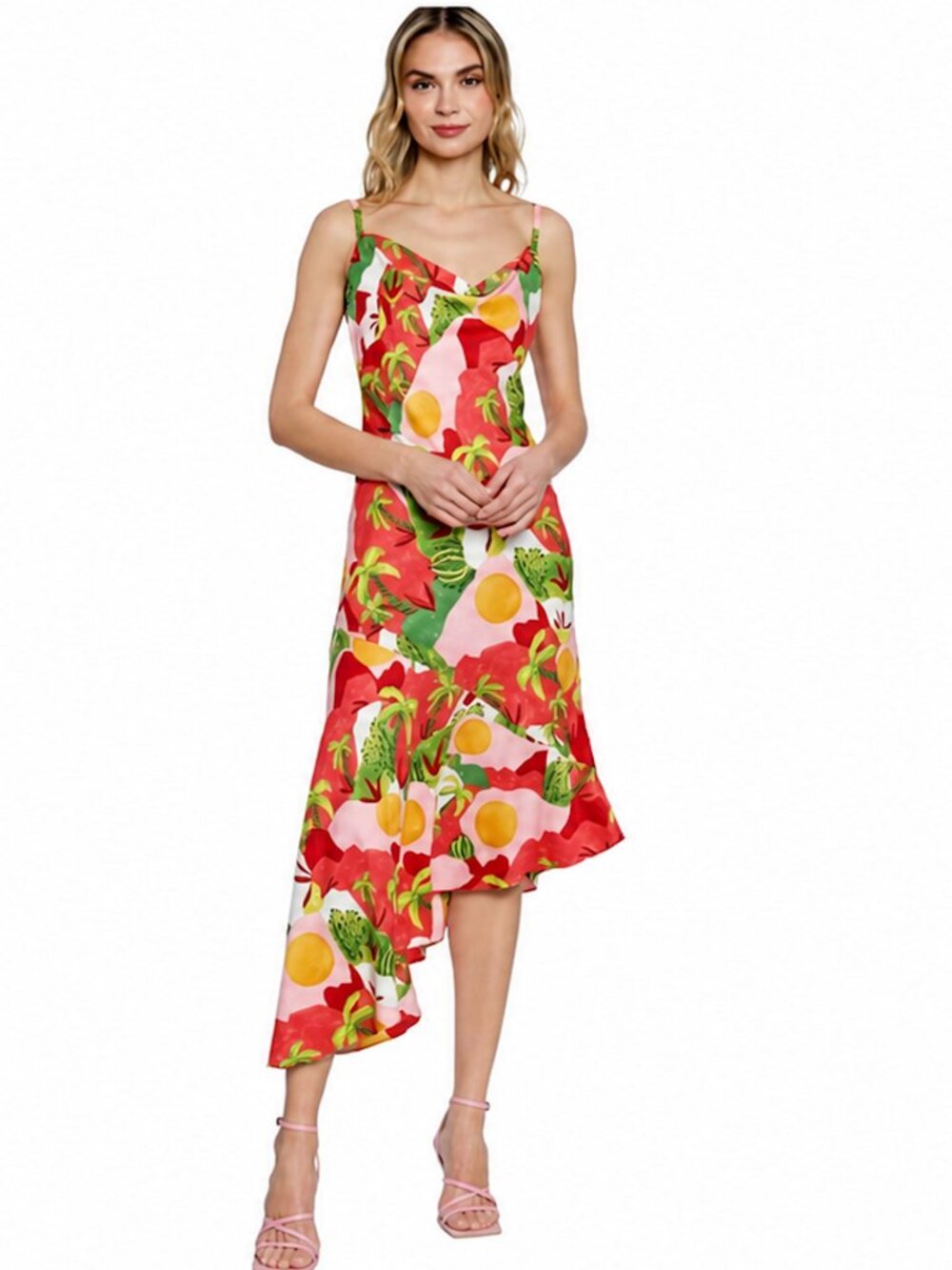 DONNA MORGAN Tropical Asymmetric Midi Dress